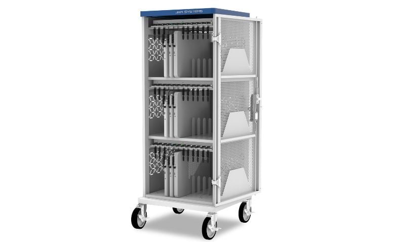 Elevate Evo 36 charging cart with its door open, showing three shelves of devices