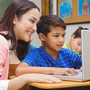 Happy teacher using laptop with student at the elementary school-1-1