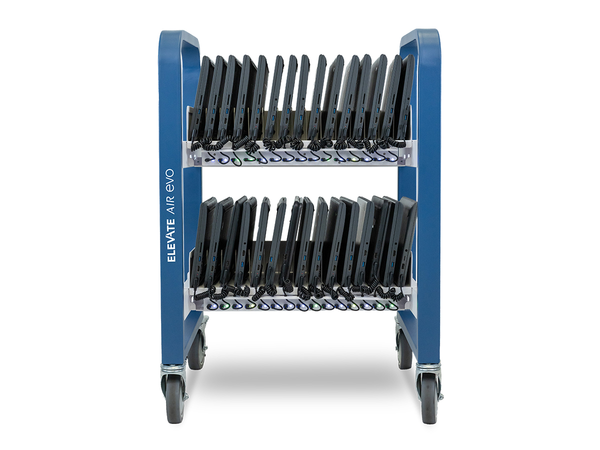 Elevate Air Evo charging cart with both open shelves loaded with devices