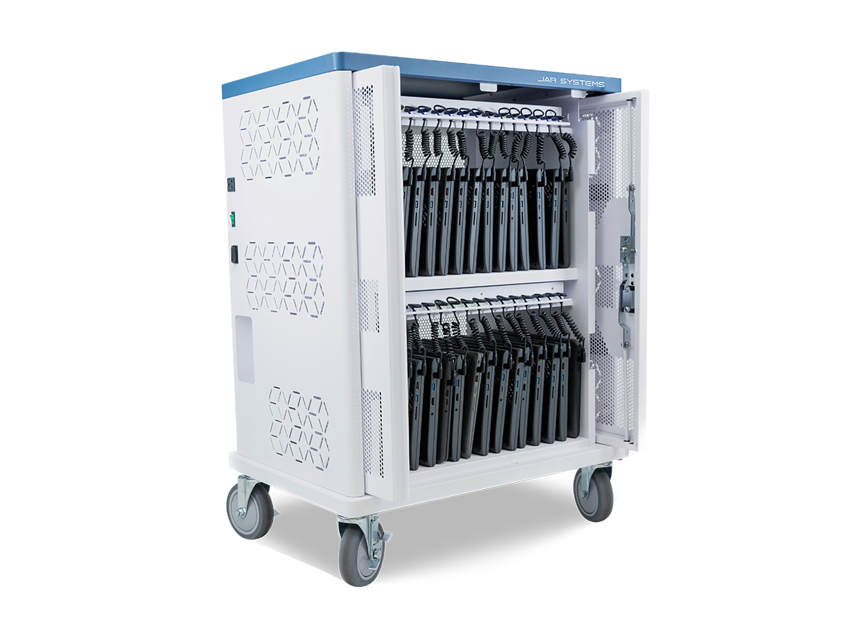 Elevate Evo 30 charging cart with its slide-in doors tucked away and devices loaded