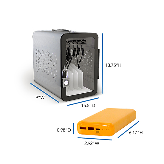 Dimensiones de la estación de carga Adapt6 USB-C y el cargador portátil Active Charge