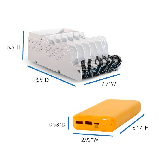Dimensiones de la estación de carga Open6 USB-C con cargadores portátiles Active Charge