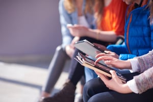 students group working on school  project  together on tablet computer  at modern university-2